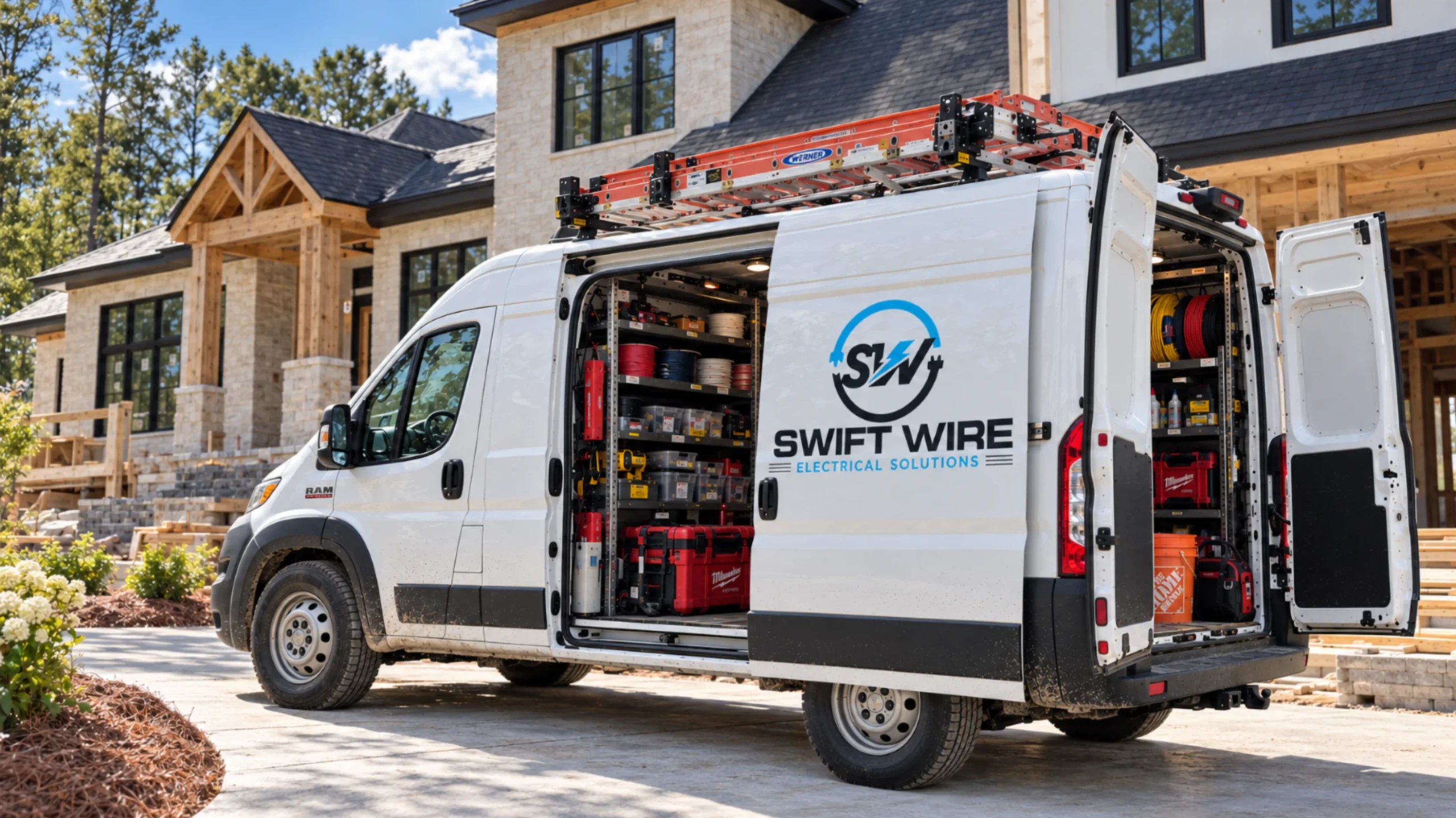 A Swift Wire Electrical Solutions work van with its doors open outside a new home.
