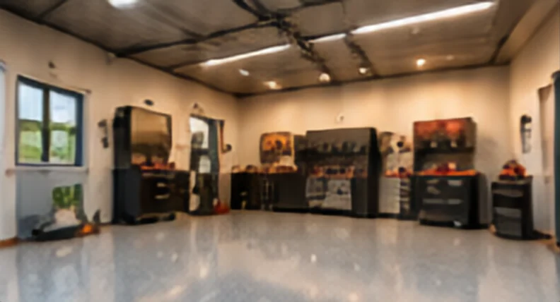 A bright garage interior with epoxy floor and tool cabinets.