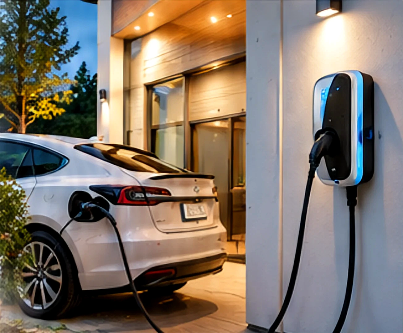 A white electric car charging from a wall-mounted EV charger outside a home at dusk.