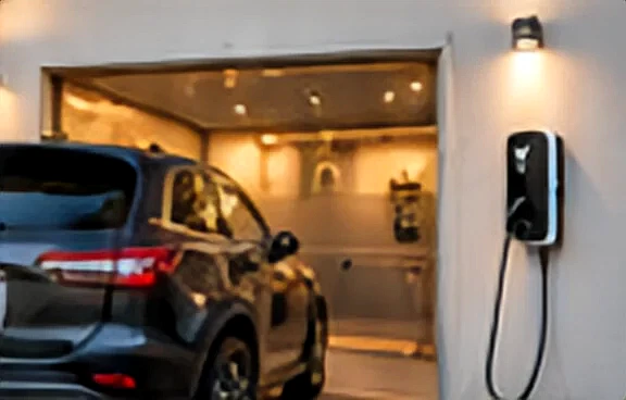 An SUV parked in a garage with an EV charger on the wall.