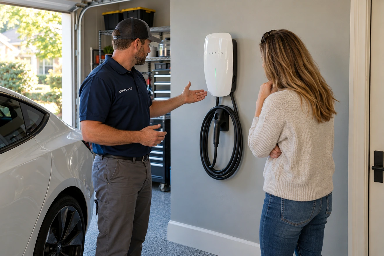 A Swift Wire electrician showing a homeowner her new Tesla Wall Connector in the garage.