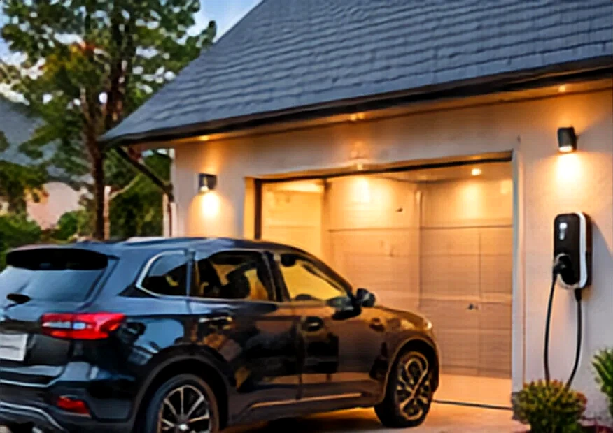 A black SUV in front of a garage with a wall-mounted EV charger.