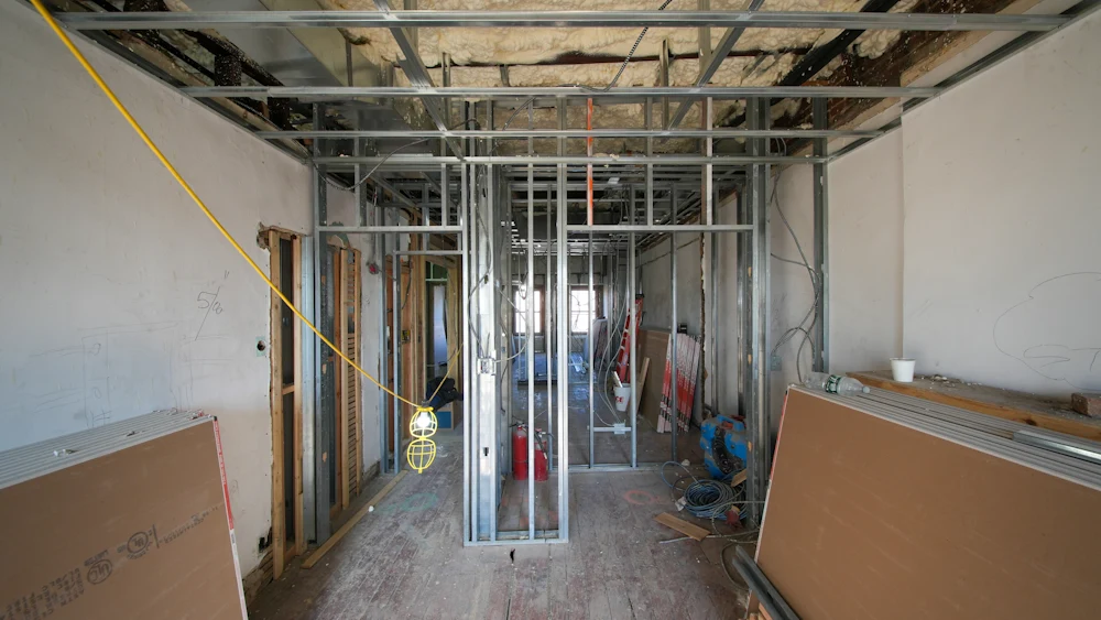 Metal stud framing for a commercial tenant build-out.