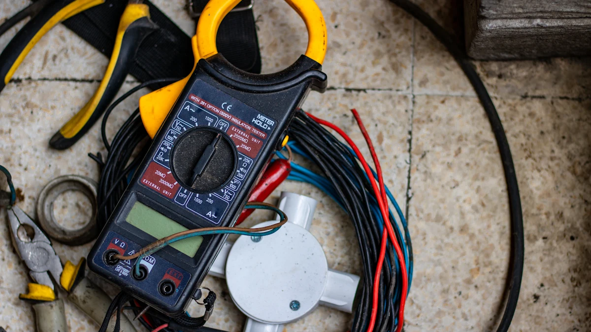 A digital multimeter on a coil of electrical wire.