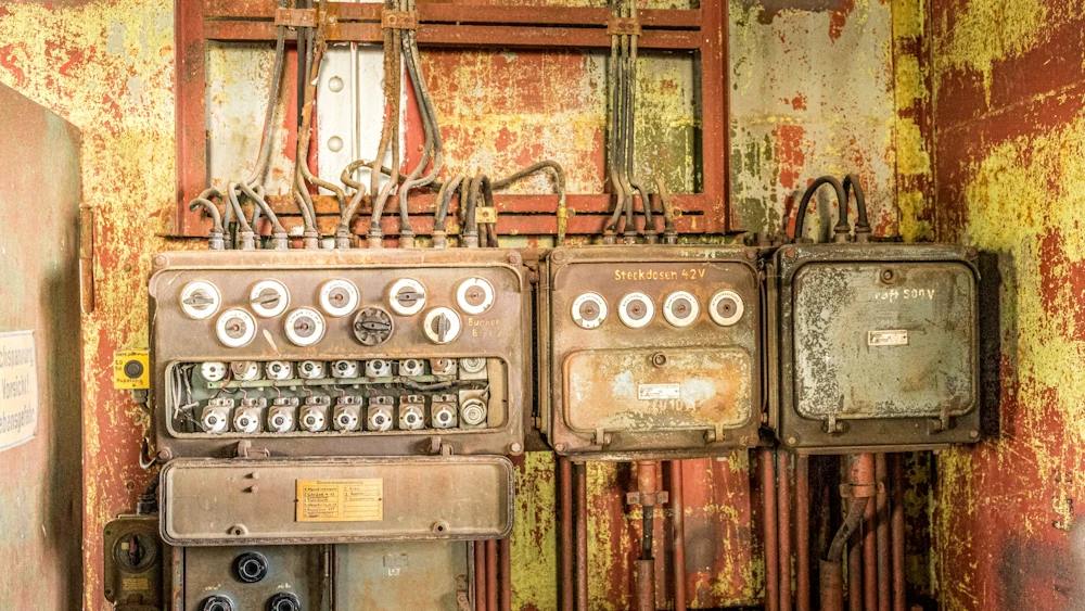 An outdated fuse board with old ceramic fuses.