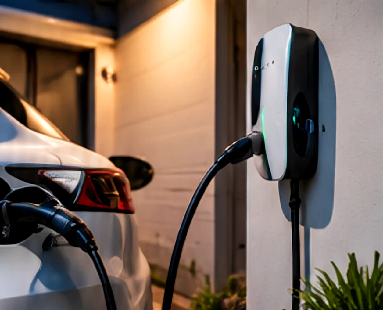 A white electric car plugged into a wall-mounted Level 2 charger.