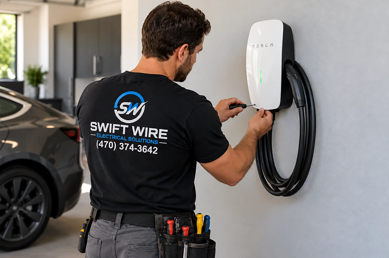 A Swift Wire electrician installing a wall-mounted Level 2 EV charger in a garage.