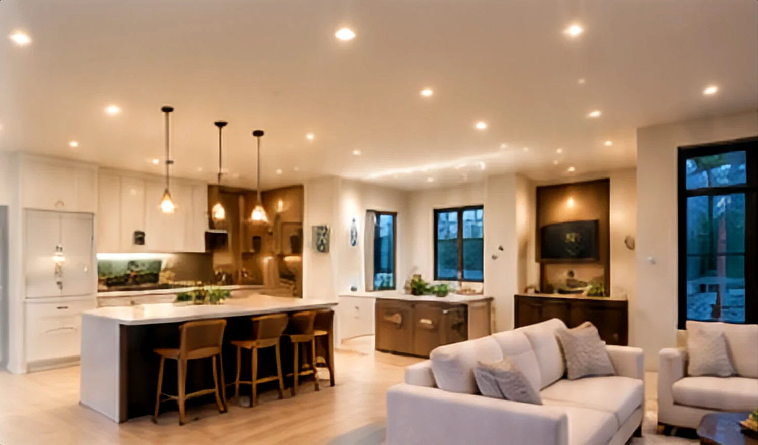 An open kitchen and living room lit with recessed lights and pendants.