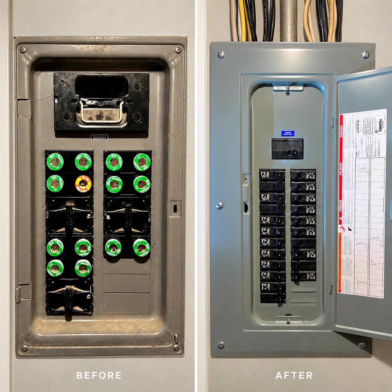 A Swift Wire panel replacement: an old fuse-style panel before, and a new breaker panel after.