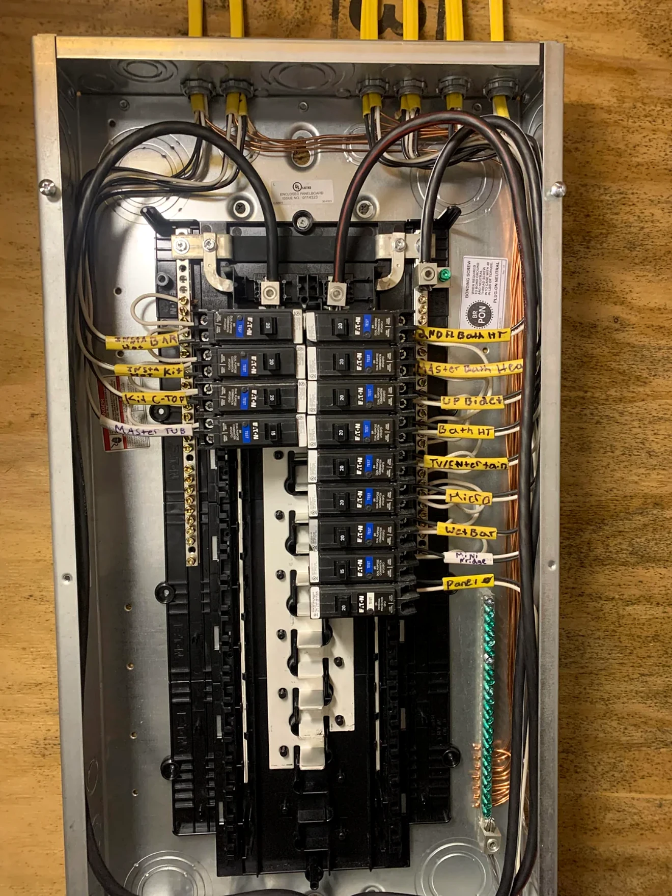 A newly installed breaker panel with neatly routed wiring.