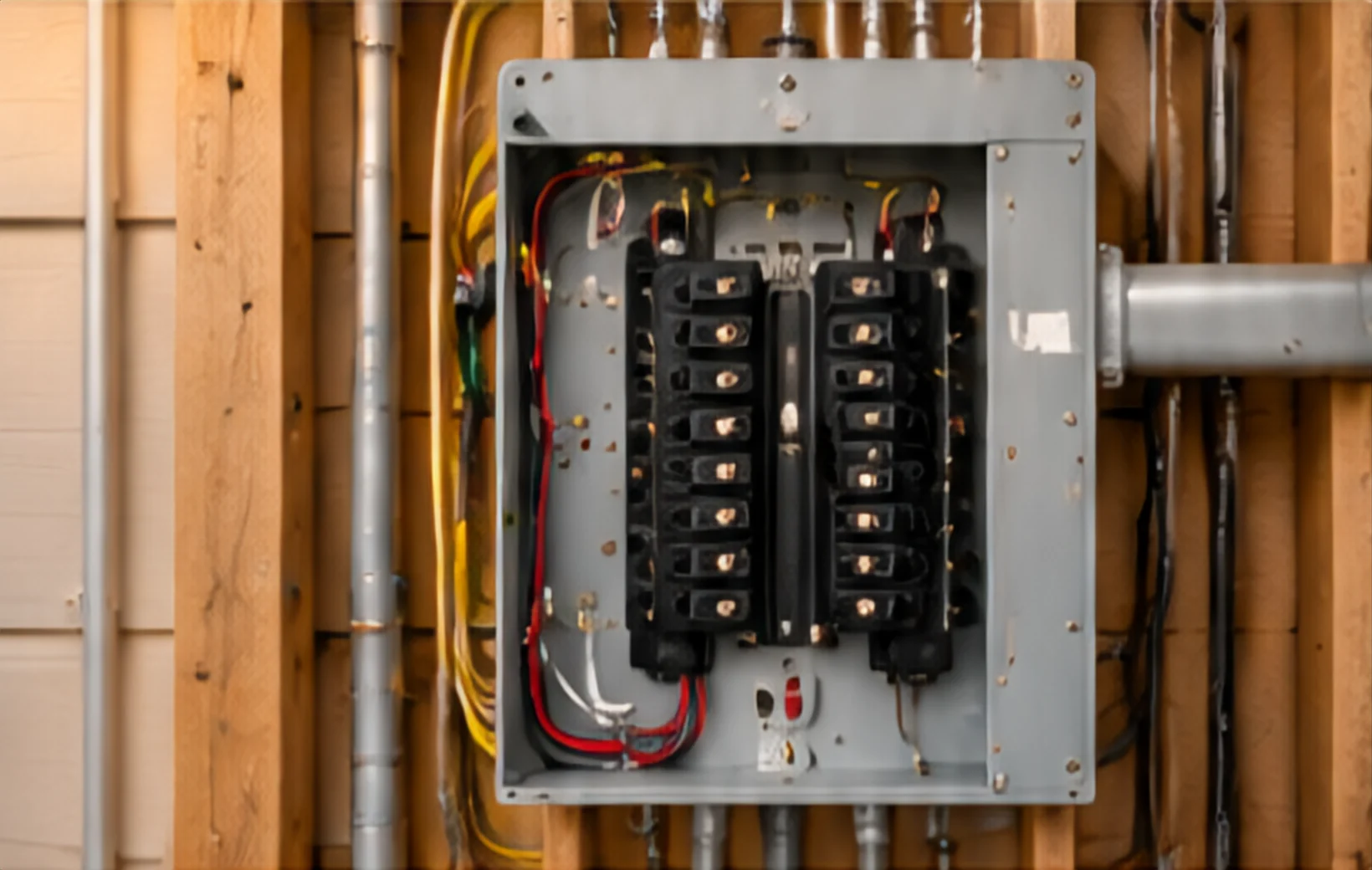 A new subpanel installed between wall studs.